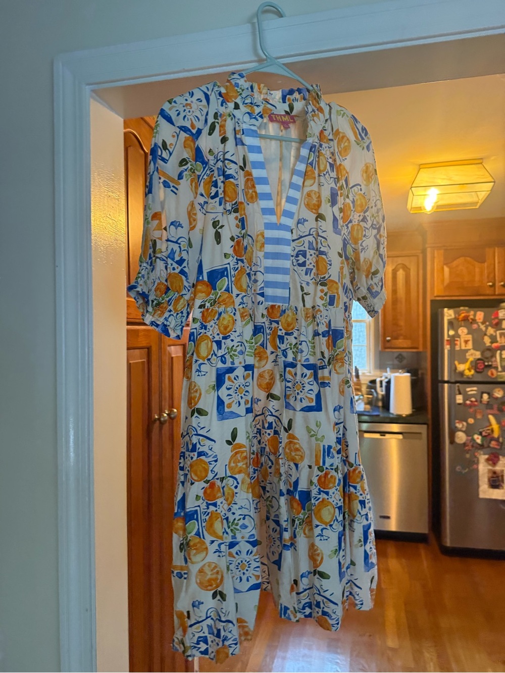 THML Blue, Orange & White Floral Tile Midi Dress